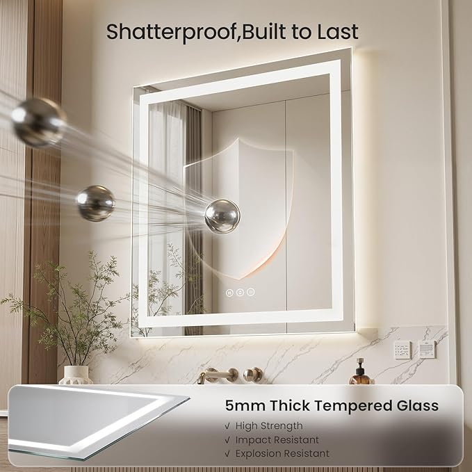 24X30 LED Bathroom Mirror with Lights, Anti-Fog, Dimmable - Lighted Bathroom Vanity Mirror with Front & Back Light, 3 Color Temperatures, Memory Function, Tempered Glass (Horizontal/Vertical)