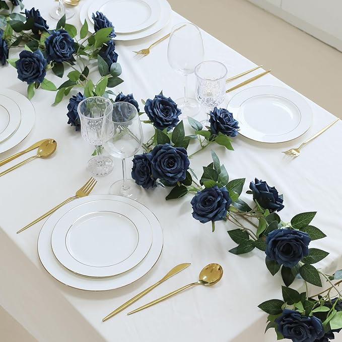 2 Strands 73'' Artificial Silk Rose Flower Vines Garland, Fake Roses Floral Green Leaves Hanging Plant for Wedding Arrangement Decoration, Wall, Party, Bedroom, Home Decor (Blue)