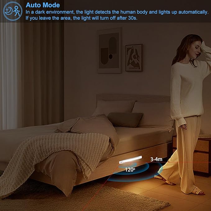 BIGMONAT Motion Sensor LED Night Light,Wireless USB Rechargeable Under Cabinet Strip Lights Stick-On Magnetic Closet Lighting Bar for Kitchen, Hallway, Motion Activated Indoor Light - White, 2Pack
