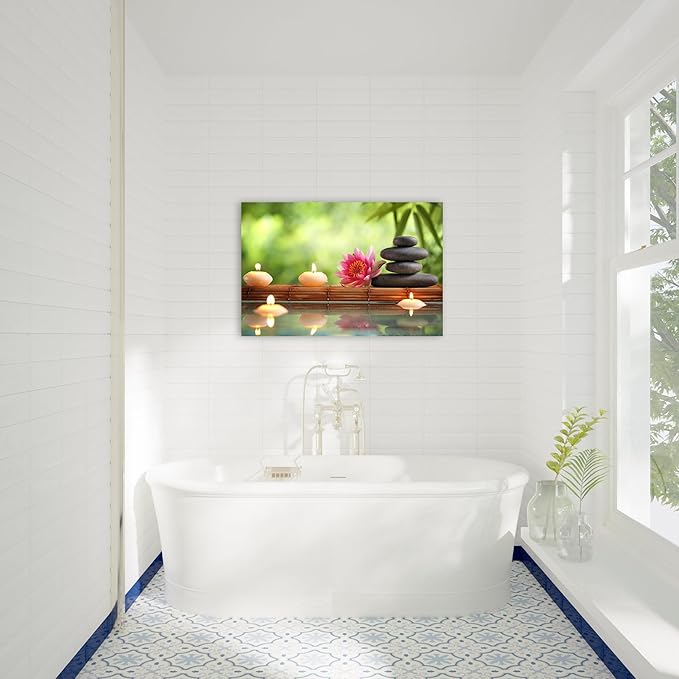 Zen Wall Art Decor, Modern Bathroom Zen Decor Wall Art, Canvas Wall Art for Spa Zen Room Decor, Green Bamboo Forest and Black Pebble Relaxing Art Prints for Office Meditation Decor 12x18 Inches