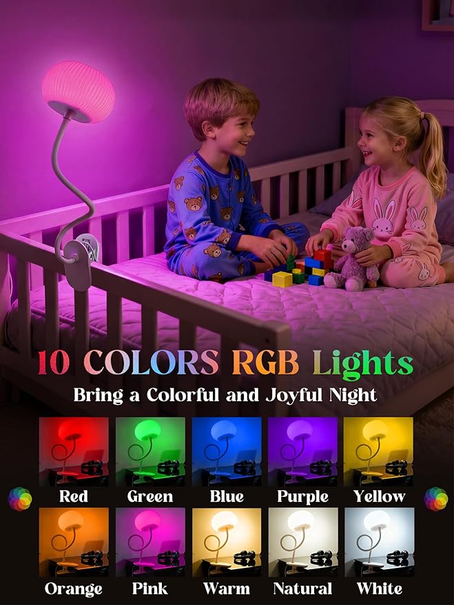 Clip on Light, 10 RGB Colors & Warm White Desk Lamp with Clamp, 10 Brightness Reading Light, Night Lamp, Bedside Lamps, USB Adapter Clip on Lamp for Bedroom/Headboard/Bed/Bedside