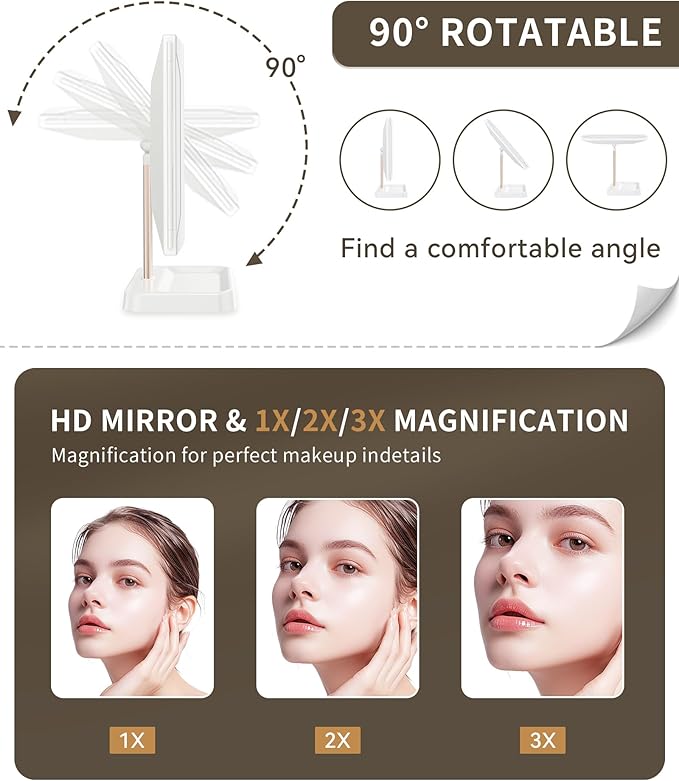 Rechargeable Makeup Mirror with Lights, 14.4" L x 9.1" W Lighted Vanity Mirror Tabletop 3X/2X/1X Magnification