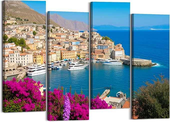 Canvas Wall Art Prints Pictures Symi town cityscape Dodecanese islands Greece Framed Posters Modern Wall Painting Artwork Gift Home Decor for Living Room Ready to Hang 4 Panel