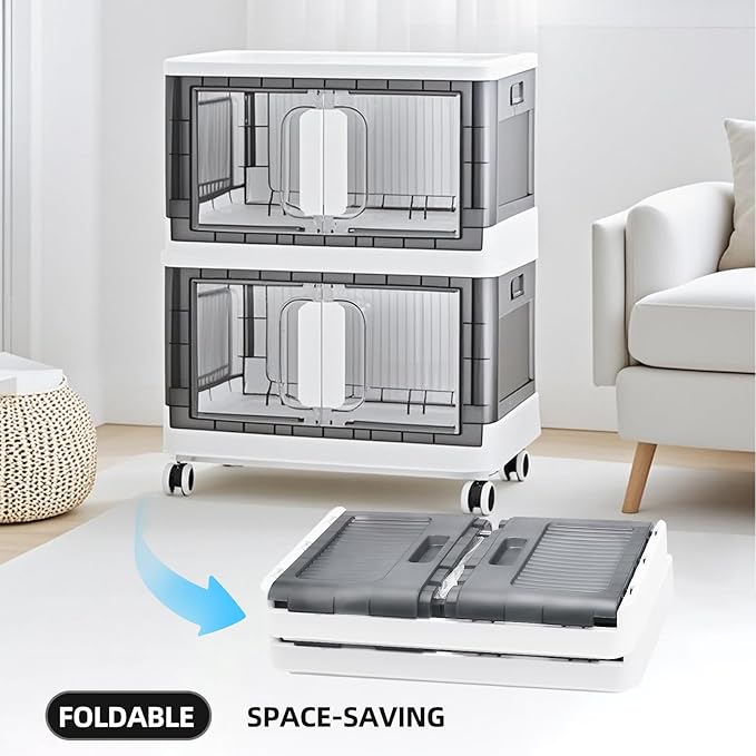 Folding Storage Organizer with Silent casters | Stackable Design for Home & Office, Heavy-Duty Plastic Storage Bin with Clear Door, 3 Sizes (19.5/23.5/27.5in),Black/White (23.6" 5 layer, White)