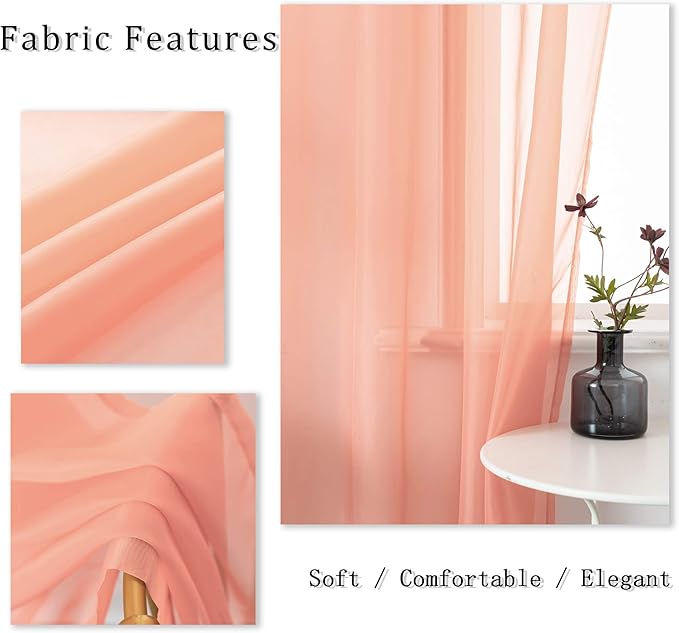 DUALIFE Coral Curtains 63 Inch Length for Girls Bedroom Decor 2 Panels Set Grommet Lightweight Gauzy Drapes Orange Coral Sheer Curtains for Living Room Kids Nursery 52x63 Inches