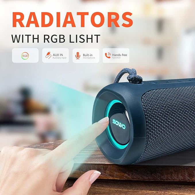 SOWO Portable Bluetooth Speaker, IPX7 Waterproof Wireless Bluetooth Speaker, Bassboom Technology, 25W Loud Stereo Sound, LED Light with TWS Pairing, 16H Playtime for Home and Outdoor -Blue