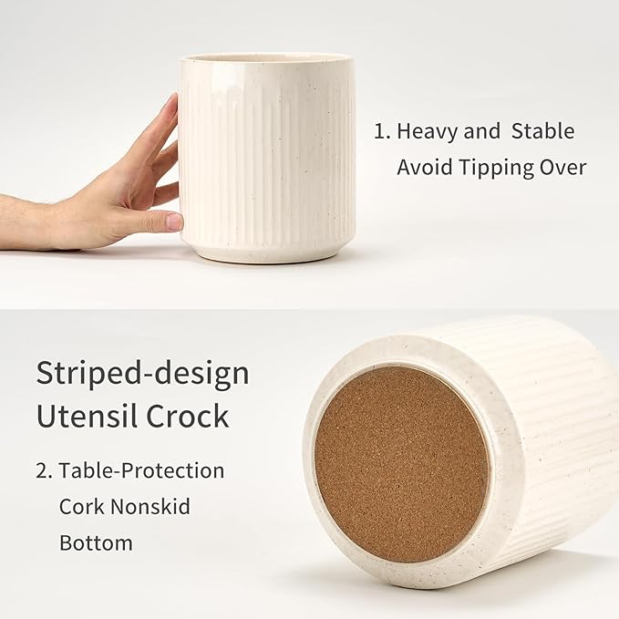 JIEMEI HOME Kitchen Utensil Holder, 7.2" Large Ceramic Stable Utensil Crock for Countertop, Utensil Organizer with Cork Mat, Removable Bamboo Divider for Easy, Kitchen Decor, Speckled White
