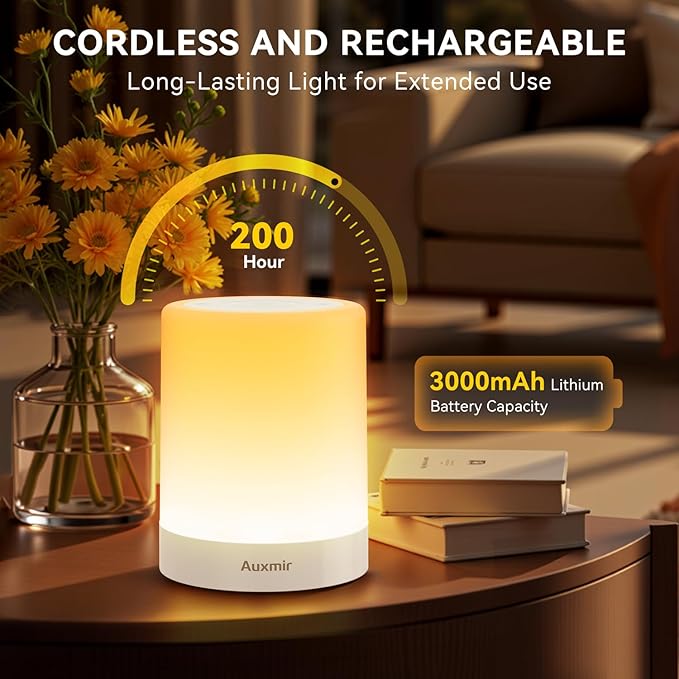 Auxmir Night Light for Kids Baby, Dimmable Touch Lamp for Nursery, 11 RGB Colors 5 Brightness, Portable Rechargeable Bedside Table Lamp for Nightstand, Kids Night Light for Bedroom Living Room, White