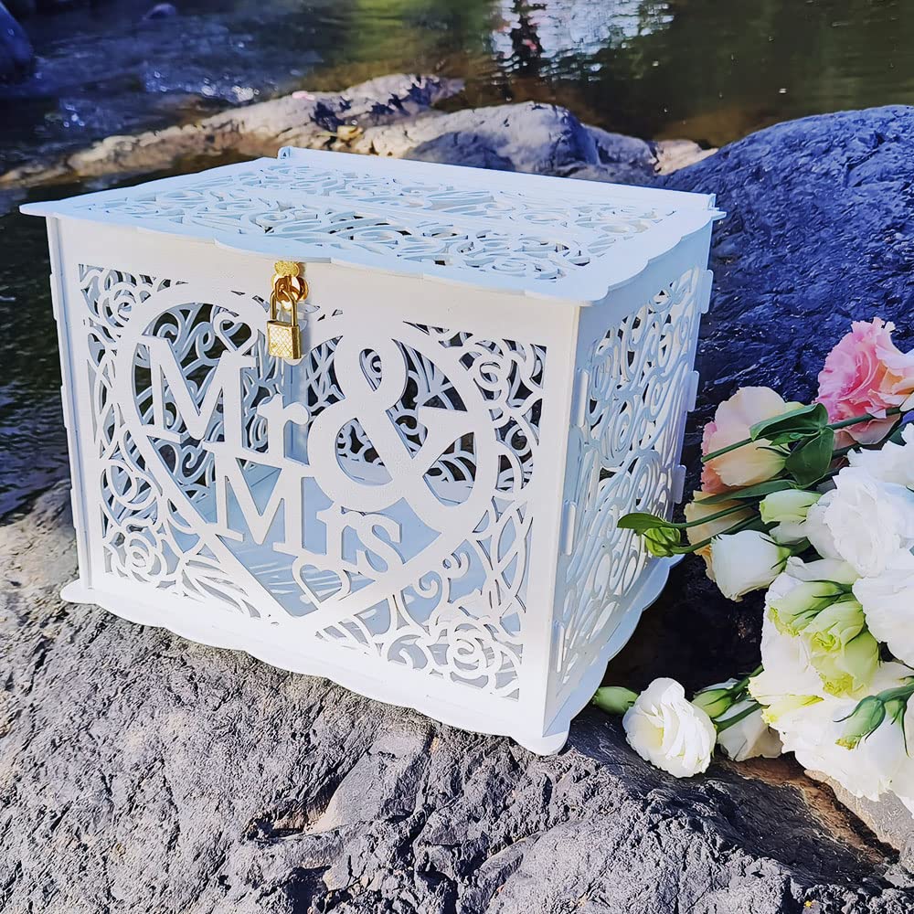 Jolik Wedding Money Box Holder with Sign, Large Rustic Wood Wooden DIY Envelop Gift Card Shadow Boxes with Lock Slot for Reception Anniversary Graduation Birthday Party Parties (Mr & Mrs, White)