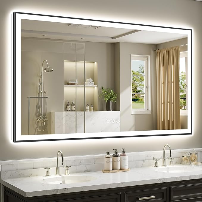 72x40 Inch LED Bathroom Mirror with Lights (Front Lit and Backlit) Black Framed Lighted Vanity Mirror for Bathroom Wall Dimmable Anti-Fog Memory Tempered Glass Horizontal/Vertical