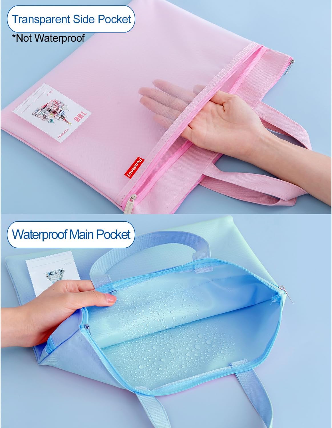 Pendancy Mesh Zipper Pouch 11x13.7 in, Large Double Pocket Waterproof File Bag with Handle, A4 Size Foldable Document Storage for Puzzle Project/Cross Stitch/Travel/Office（Blue）