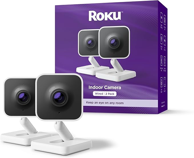 Roku Indoor Camera - Home Security - 2-Pack - Wired Security Camera & Pet Monitor with 1080p HD Color Night Vision, Works with Alexa & Google, Motion & Sound Detection, WDR & WiFi 6