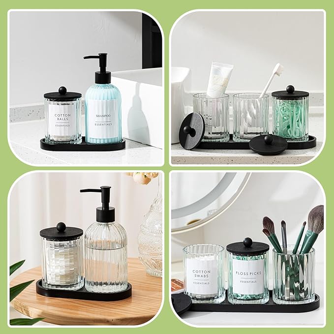 Yaomiao 5 Pack Bathroom Accessories Set, Modern Bathroom Decor Sets, Glass Liquid Soap Dispenser, Vanity Tray, Toothbrush Holder, Cotton Swab Jars with Lids for Sink Countertop(Clear,Striped)