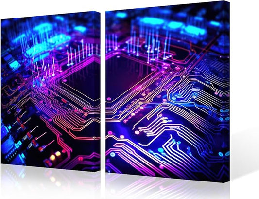 3 Pieces Circuit Board Canvas Wall Art Paintings Home Decor Semiconductor Chip Canvas Prints Picture for Living Room Modern Artwork Minimalism Posters Framed Stretched, 24" Wx16 H