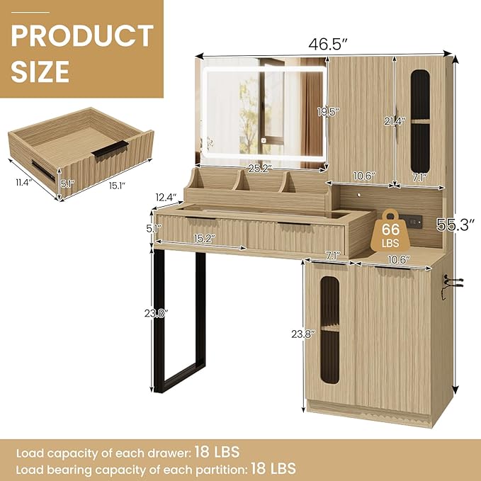 EROMMY 46.5" Makeup Vanity Desk with LED Lights and Large Mirror, Fluted Vanity Desk with 2 Drawers & 4 Storage Cabinets, Dressing Table with Glass Top and Charging Station for Bedroom Gift (Natural)