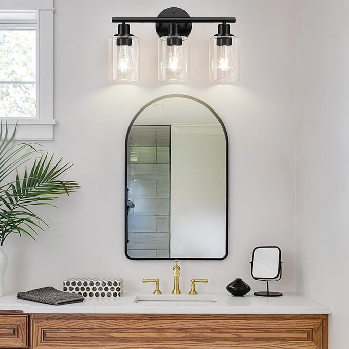 3-Light Bathroom Light Fixtures, 17.23" Black Modern Vanity Lights with Clear Glass Shade, Bathroom Wall Lamp for Mirror Kitchen Living Room Hallway Cabinet Porch