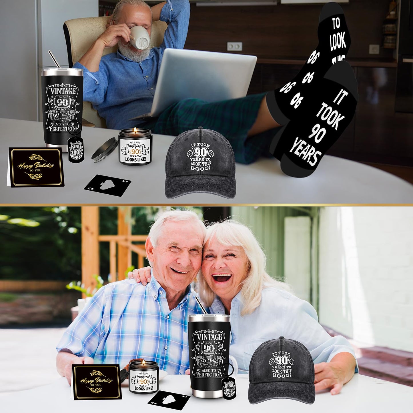 JTAMOHI 90th Birthday Gifts for Men - Unique Box with 20 Oz Tumbler, Scented Candle, Socks, Baseball Cap for Husband, Dad, Grandpa, Friends, Teachers, Boss