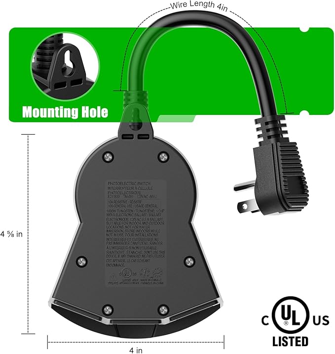 Minetom Outdoor Light Plug-in Timer, Heavy Duty Mechanical Timer Switch, 3 Grounded Electrical Outlets for Christmas Lighting Outdoor and Indoor, UL Listed, Black, 13 Amp