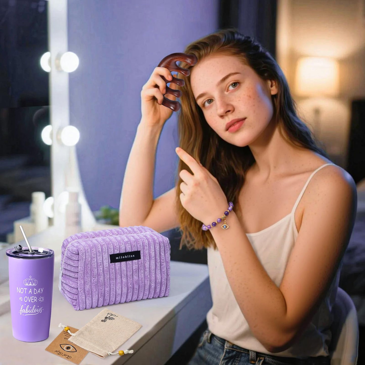 Golray Lavender Gifts for Women Friendship Gift Basket, Purple Dream Healing Fireless Aromatherapy/Thermos Set, 30th 40th 50th Women Self Care Spa Birthday Gifts for Her Sister Mom
