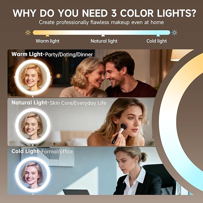 9" Extra Large Lighted Makeup Mirror, 1X/10X, 2-Sided Magnifying Mirror with 96 LEDs, 3 Color Dimmable Lights, 360° Swivel, LED Vanity Mirror, White - Great Gift Gold