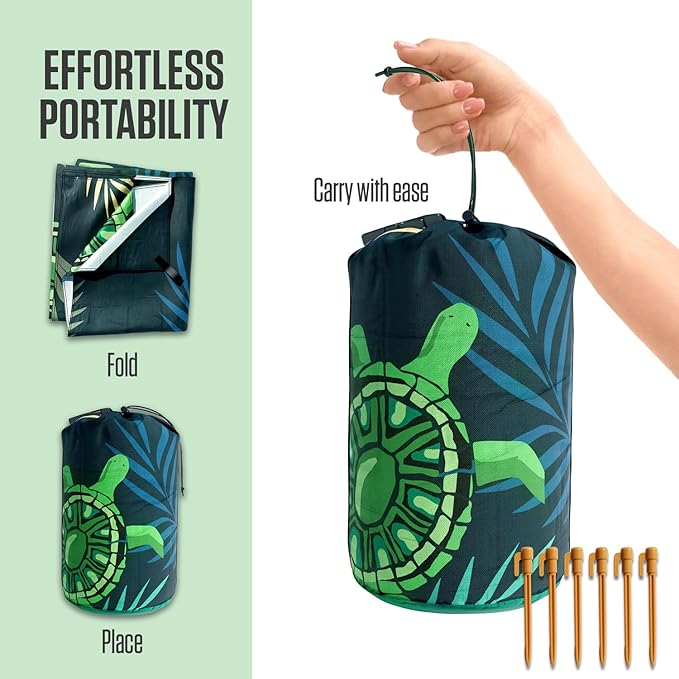 VENTURE 4TH Family-Size Beach Blanket: Sandproof, Waterproof, Lightweight & Compact. Includes Stakes and Carry Bag. 7x8 feet XL Navy Turtle