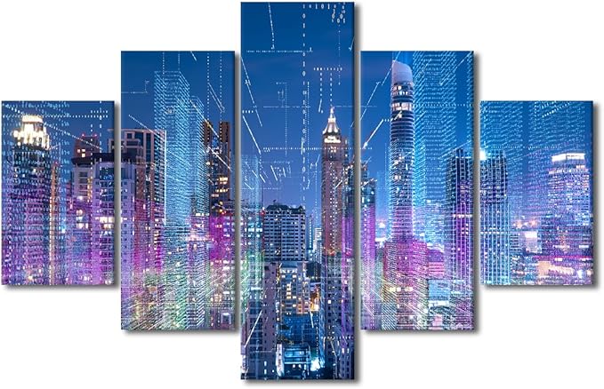 Cityscape Canvas Art 5 Panel Native Americans Wall Decor Wireless Network Poster Printing Internet Companies Corridor Wall Art Meeting Room Canvas Art Decoration Frame Ready to Hang 60x40 Inch