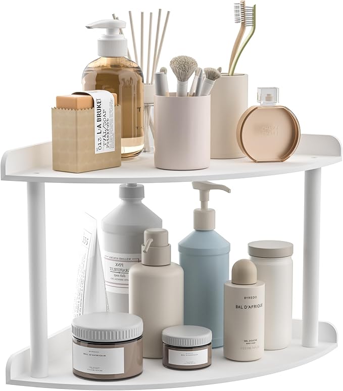 Sezanrpt 2 Tier Acrylic Corner Shelf Organizer Storage 9.5x9.5x8 Inch, White Countertop Corner Shelf for Bathroom, Kitchen, Bedroom, Office, Study Room