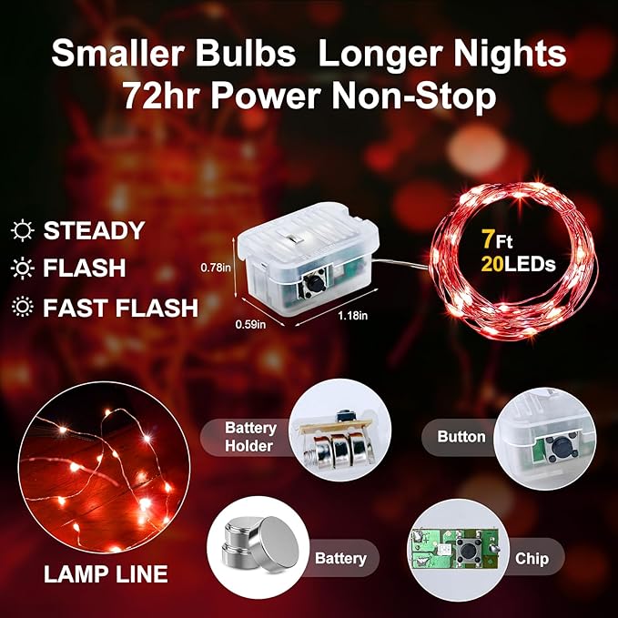 Aogist 100 Pack Fairy Lights 3 Modes 7ft 20 LED Waterproof,Battery Operated Silver Wire Firefly Starry Moon Mini String Lights for Mason Jars Christmas DIY Crafts Wedding Party Bedroom,Red