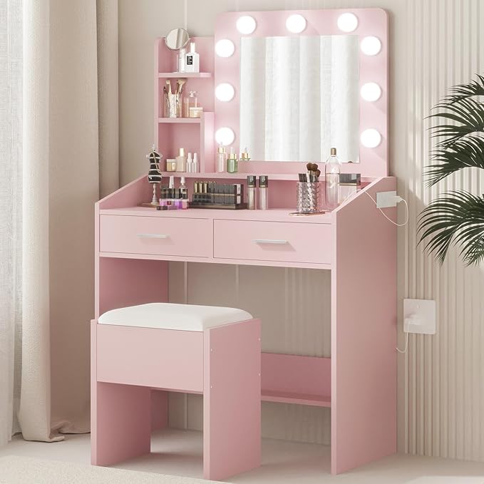 Vanity Desk with Lights and Mirror - Makeup Vanity Set with Power Outlet & USB Ports, 3 Lighting Modes, Adjustable Brightness, Includes 2 Drawers and Cushioned Stool, Small Dressing Table for Bedroom