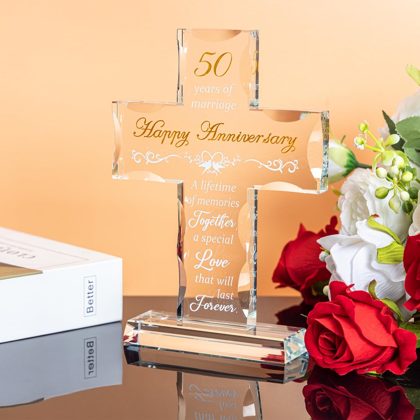 50th Wedding Anniversary Religious Gifts for Parents, Laser Engraved Glass Standing Cross for Couple Wife Husband Dad Mom, 50 Years Aniversary Decorations for Home Party