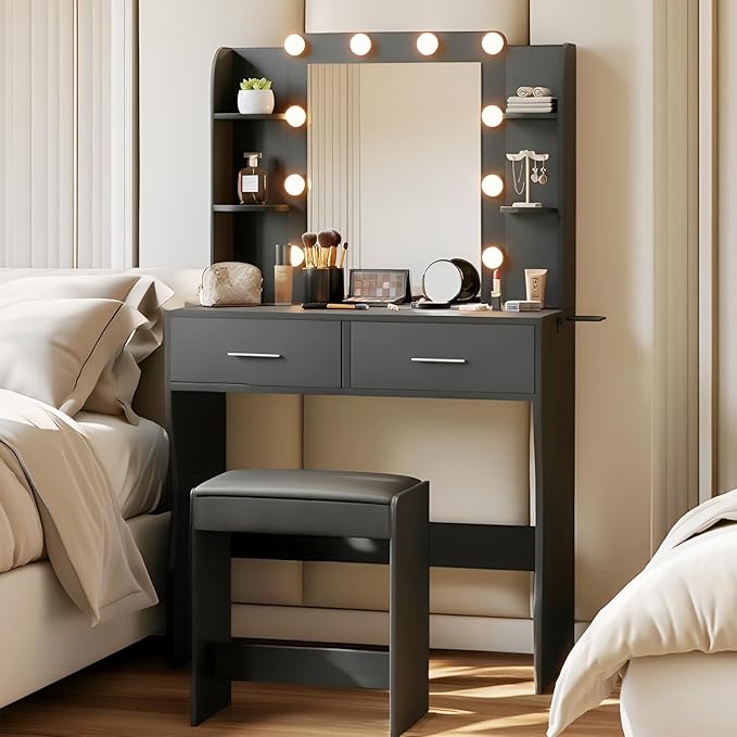 Vanity Desk with Mirror & Light, Makeup Vanity Table with Power Strip, Hair Dryer Holder & 2 Drawers & 3 Open Shelves, 3 Lighting Modes Adjustable Brightness, Dressing Table Set, Black