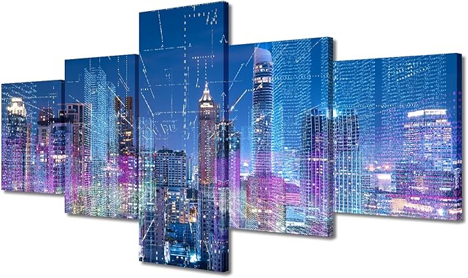 Wall Art for Living Room Wireless Network Picture Printing Meeting Room Wall Decor Company Corridor Wall Decoration 5 Panel Smart City Landscape Poster Frame and Stretched Ready to Hang 50x24 Inch