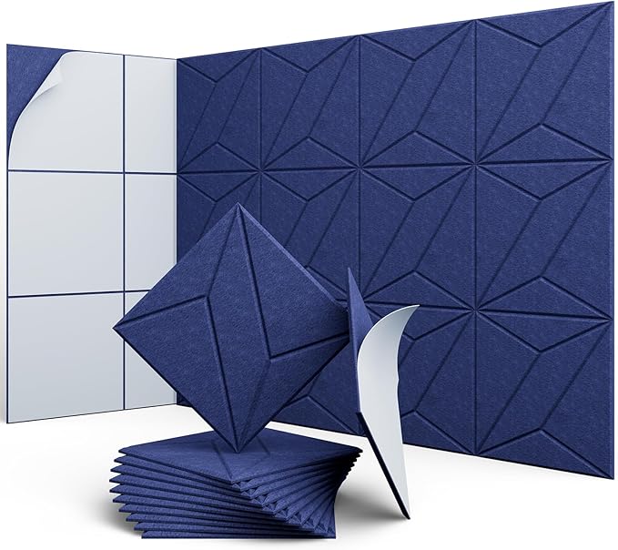 12 Pack 12" X 12" X 0.4" Acoustic Panels for Wall Sound Absorbing, P-Stripes Square Self-Adhesive Sound Panels, High Density Suitable for Multiple Scenarios(Sapphire Blue)