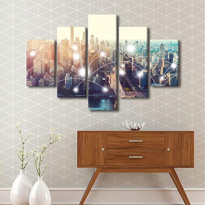Canvas Wall Art New York Smart City Poster 5 Panel Connection Concept Poster Native Americans Living Room Decor Communication Workers Bedroom Decor Frame and Stretched Ready to Hang 60x40 Inch