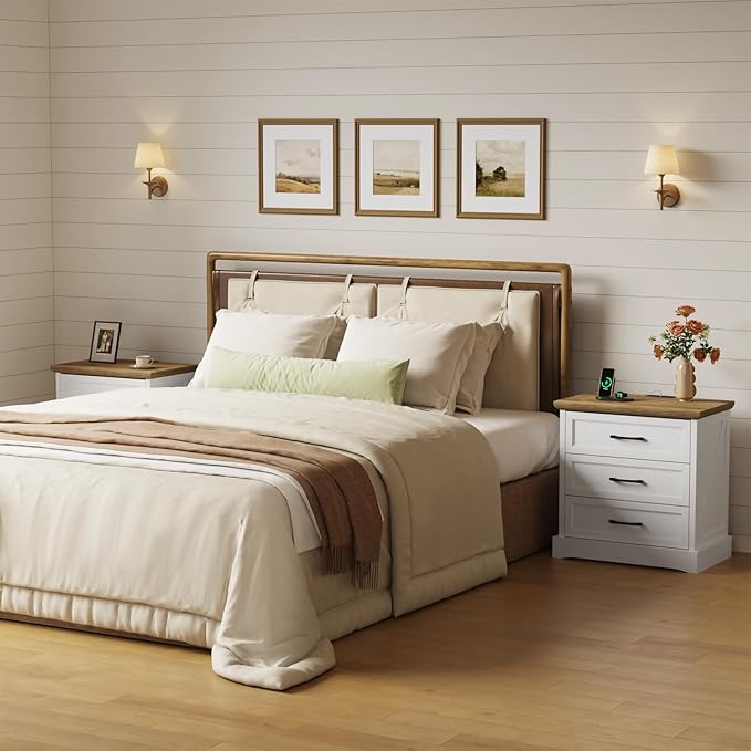 NightStand with Charging Station, Farmhouse 23.6" W Bedside Table with 4 Drawers, Night Stand for Bedroom, Home Office, White & Brown