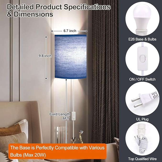 Plug in Wall Sconces Set of Two: Wall Lights with On/Off Switch - Stepless Color Temperature Wall Mount Lamps - Fabric Linen Wall Sconce for Bedroom Living Room & Hallway- Indoor Corded Wall Sconces