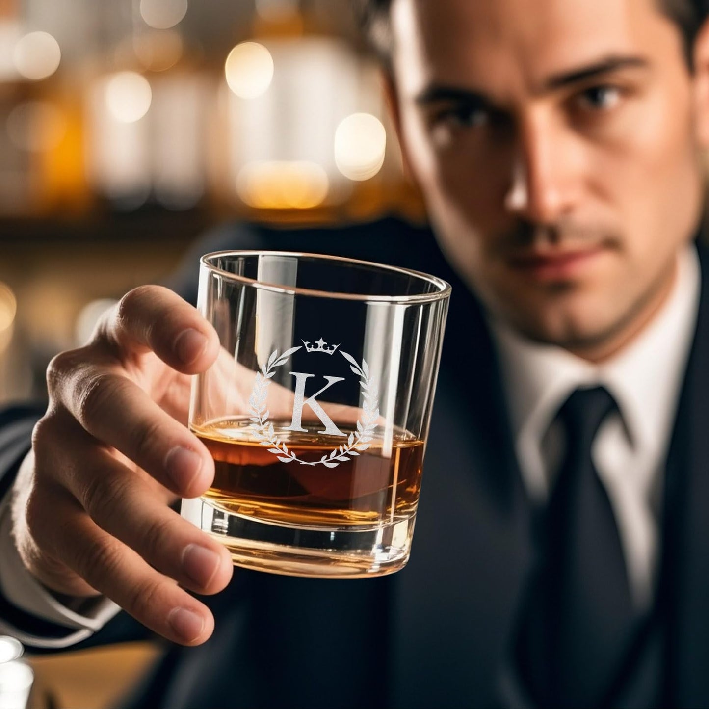 Personalized Whiskey Glasses Gifts for Men, Monogrammed Engraved A-Z 10.6 oz Rocks Glass Customized Gift, Unique Christmas Birthday Gifts for Men Him Dad Husband Brother Son (K)