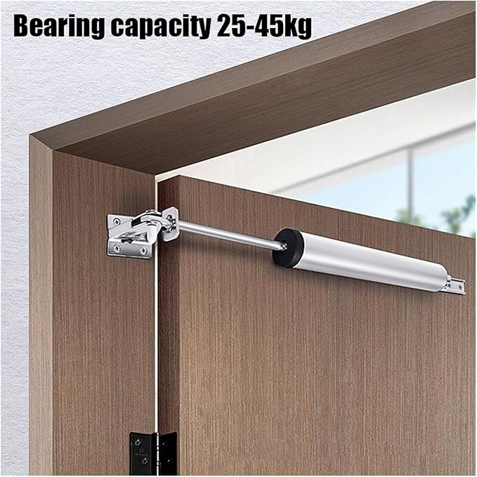 Automatic Door Closers, 25-45KG Gas Spring Automatic Door Closer Mute 90 Degrees Within The Positioning Stop Adjustable Buffer Force Soft Closing Device Door Opener(Type a Sand Silver)