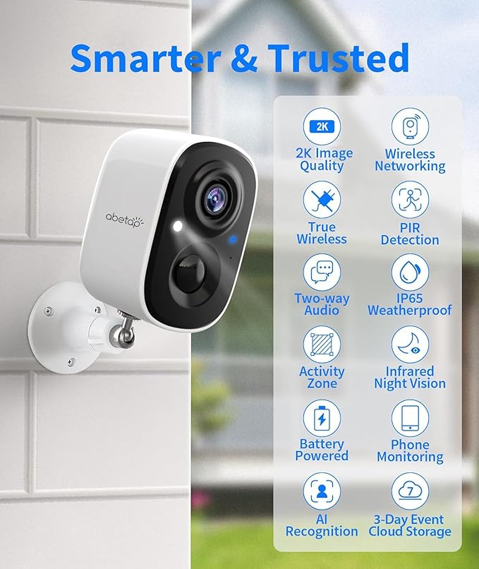 2K Wireless Security Cameras - Outdoor WiFi Security Cameras Color Night Vision, AI/PIR Detection, 2-Way Talk, Cloud/SD, Weatherproof, Battery Powered Outdoor Cameras (White1)