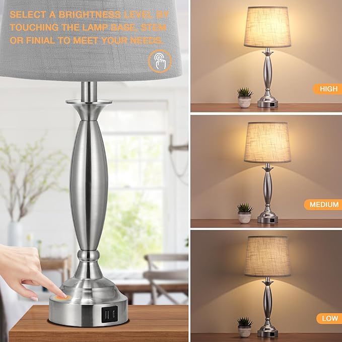 Lamps for Bedrooms Set of 2 - Touch Bedside Lamp with USB C+A, 3 Way Dimmable Nightstand Lamps with USB Port, Brushed Nickel Table Lamp for Living Room Guest Room Bed Side End Table(Mottled Gray)