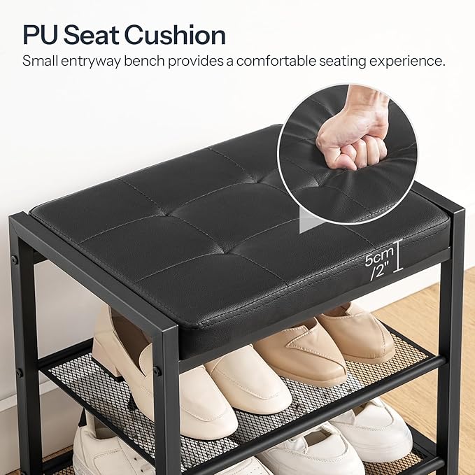 HOOBRO Small Shoe Bench, 3-Tier Shoe Rack, Shoe Storage Bench with PU Seat Cushion, Entryway Shoe Rack Bench with Metal Mesh Shelves, Freestanding Shoe Organizer for Hallway, Black BB33HX01
