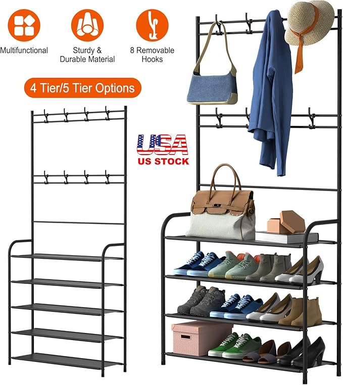 iMounTEK Coat Hat Rack Shoe Storage Shelf Rack Freestanding Hall Tree Garment Hanger Stand Clothes Organizer/4 Tier