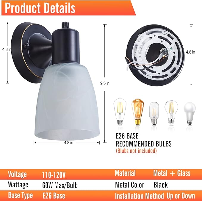 Wall Sconces Set of 2, Matte Black Vanity Lights for Bathroom, Modern Wall Light Fixtures with Rotary Switch, Wall Mount Light with Frosted Glass, Farmhouse Lamp for Bedroom Mirror Living Room