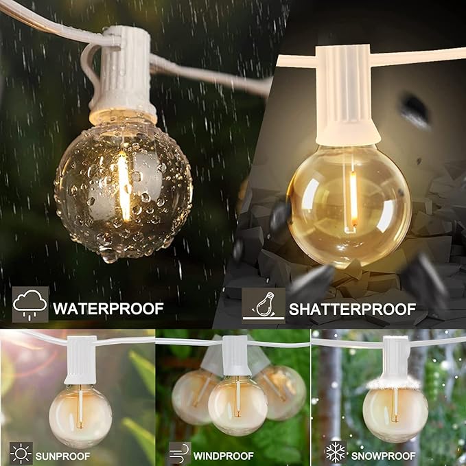 Abeja 25Ft LED Outdoor String Light, Patio Globe String Lights with 27 Shatterproof LED Clear Bulbs(2 Spare), Hanging Patio String Lights for Backyard Decor Bistro Party Yard Decor- White Wire