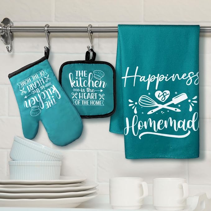 Sratte 6 Pcs Kitchen Decor Accessories Set Farmhouse Towels Pot Holders Oven Mitts Set 2 Dish Towels 2 Potholders 2 Cooking Mittens Oven Glove for Christmas Baking Cooking Supply(Teal,Kitchen)