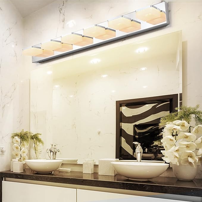3 Colors Dimmable Bathroom Light Fixtures Over Mirror, LED Chrome Vanity Lights, Acrylic Stainless Steel 6 Light Bathroom Vanity Light, Adjustable 3000K/4000K/6000K, 360° Rotate
