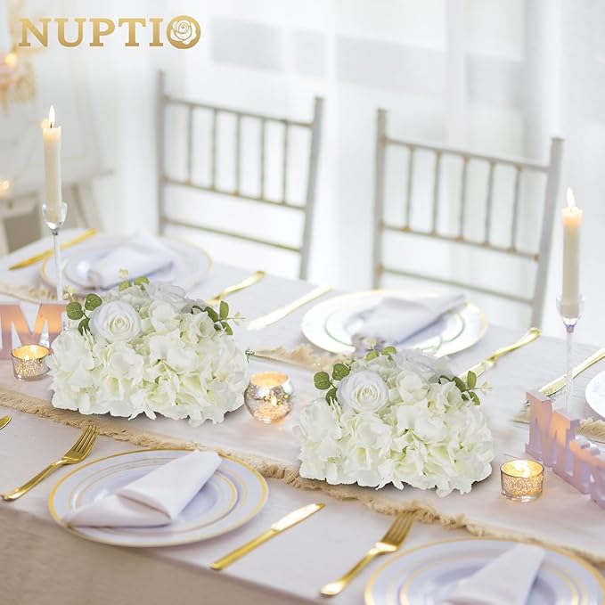 NUPTIO Flower Ball Arrangement Bouquet: 2 Pcs 11.8 inch Diameter White Rose Fake Flowers Balls for Wedding Centerpiece Decorations Artificial Flower Centerpieces for Tables