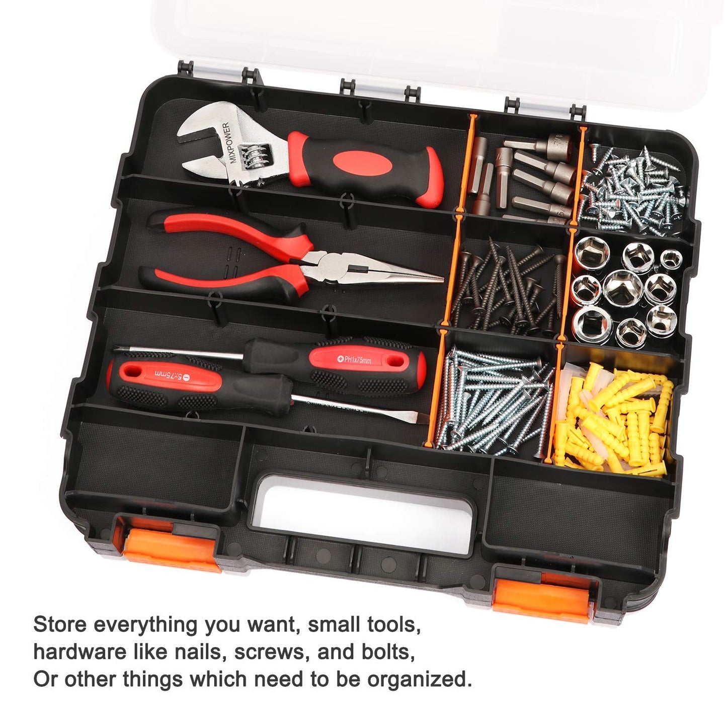 Mayouko Double Side Tools Organizer, Customizable Removable Plastic Dividers, Hardware Box Storage, Excellent for Screws,Nuts,Small Parts, 34-Compartment, Black/Orange,12.6"L x 10.6""W x 3.2""H"
