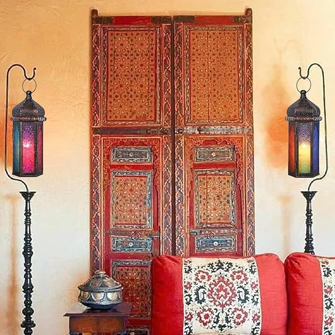 DECORKEY Ramadan Decorations, Vintage Candle Lantern Decorative Indoor&Outdoor, 14.7'' Moroccan Hanging&Tabletop Lantern with 6 Colors Glass, Metal Decor for Home Front Porch Patio Decor