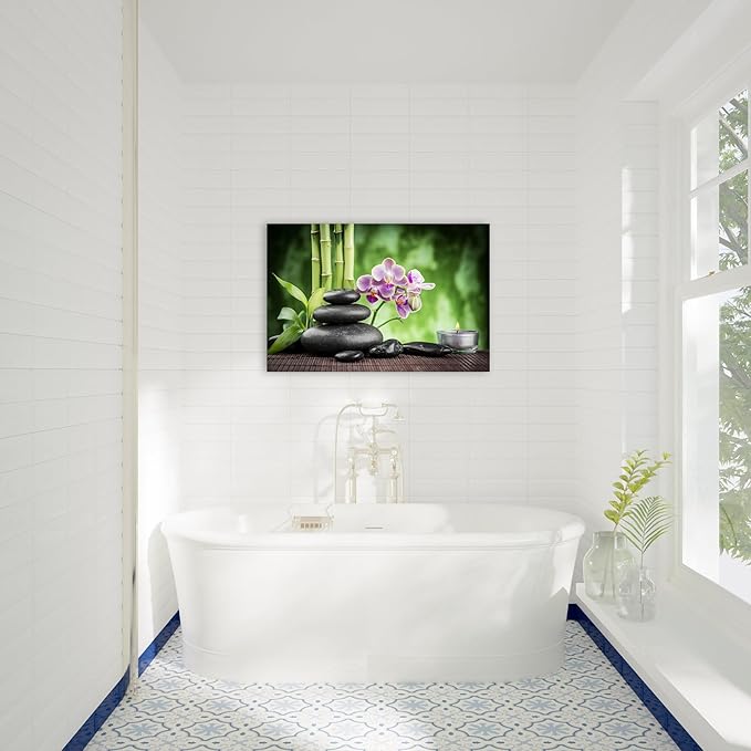 GUTTATY Zen Wall Art Decor, Modern Bathroom Zen Decor Wall Art, Canvas Wall Art for SPA Zen Room Decor, Green Bamboo and Pebble Relaxing Art Prints for Office & SPA Wall Decor 12x18 Inches